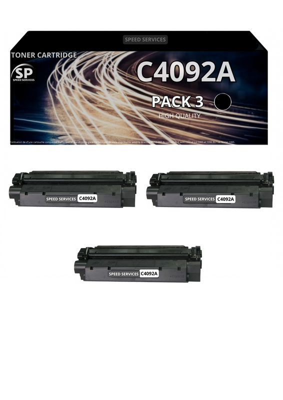 Toner 92A C4092A compatible pour HP Noir x 3 - SPEED SERVICES Canon i-SENSYS LBP-800|Canon i-SENSYS LBP-810|Canon Lasershot LBP-1120|Canon LBP-1100 Series|Canon LBP-1110|Canon LBP-1110 SE|Canon LBP-1120|Canon LBP-22 X|Canon LBP-250|Canon LBP-350|Canon LB